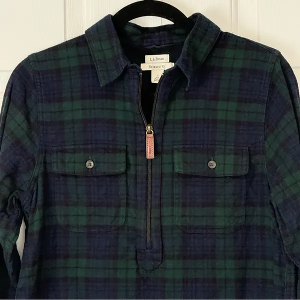 LL Bean Women's Scotch Plaid‎ Flannel Shirt Quarter Zip Indigo Tartan Small - Image 3