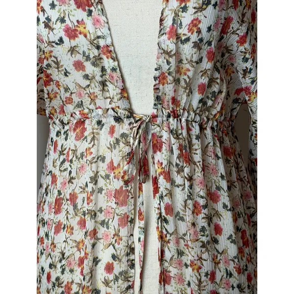 Pink Lily Floral Maxi Duster Women Small Ivory Tassel Boho Resort Cover Up Sheer - Image 8