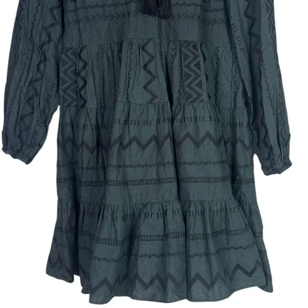 Zara Boho Oversized Embroidered Long Sleeve Mini Dress Tassel V Neck XS Green - Image 5