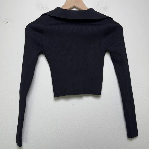 Babaton Women Sculpt Knit Polo Long Sleeve‎ Top XS Black Ribbed V-Neck Crop - Image 7