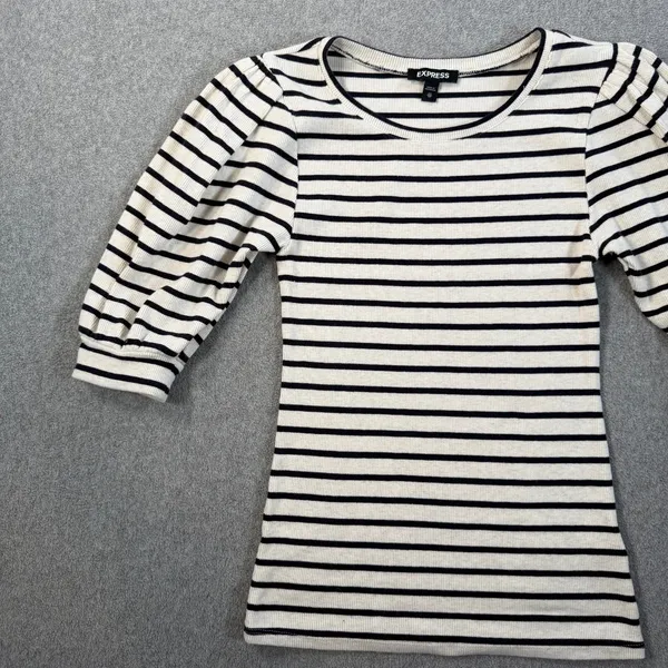 EXPRESS Women's X-Small Striped Ribbed Knit Puff Sleeve Top Cream Black Blouse - Image 5