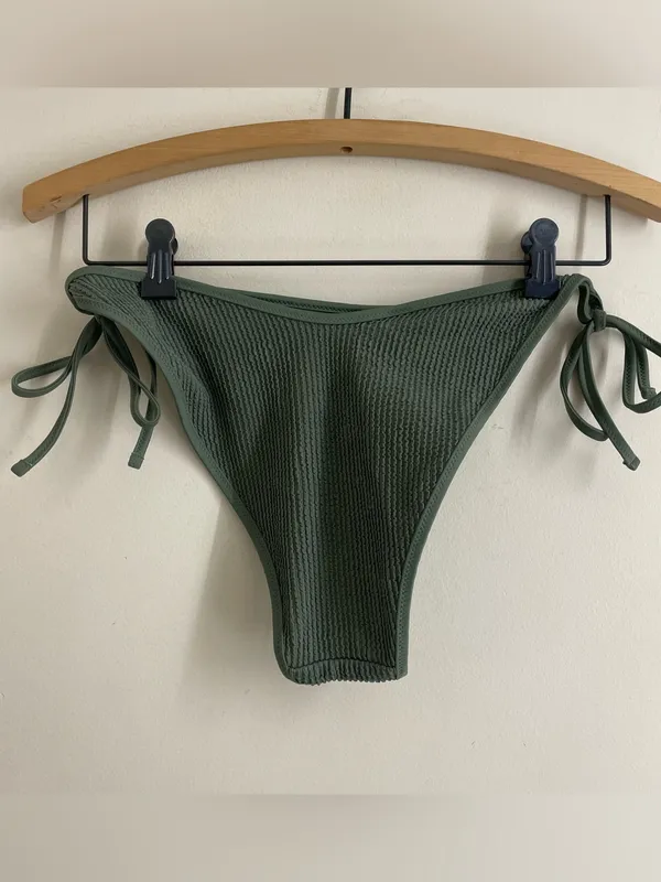 Aerie Cheekiest Tie Side Bikini Bottom size L Sage Olive Green Textured Swim - Image 2