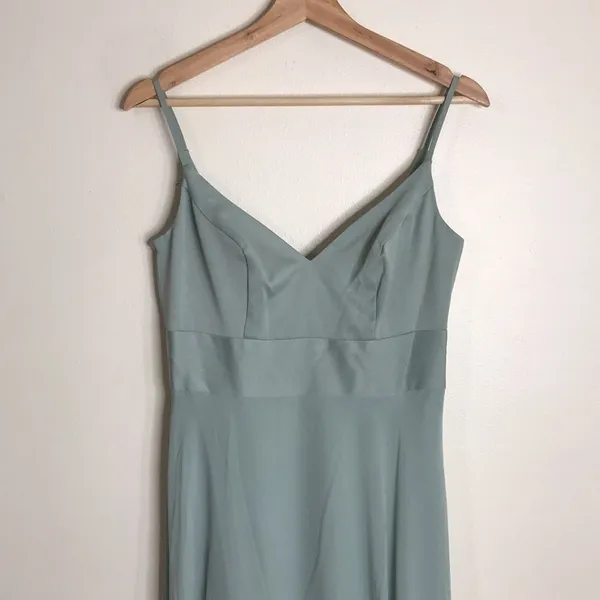 David's Bridal Women's Dusty Sage Long Spaghetti V Neck Formal Dress 4 - Image 3
