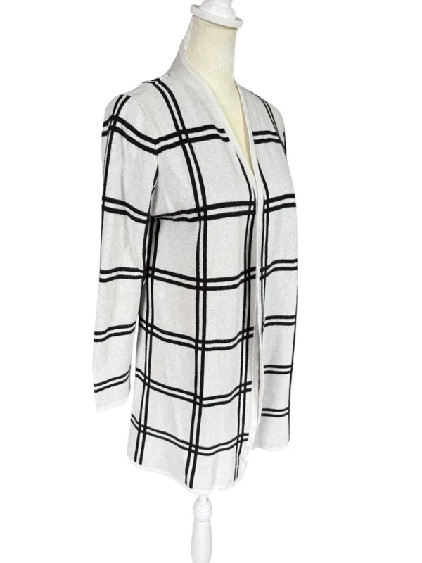 Loft Petite black and off white striped long sleeve open cardigan sweater MP - Image 2