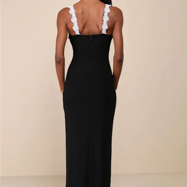 Lulu's Elegant Black Maxi Dress with White Lace - Image 2
