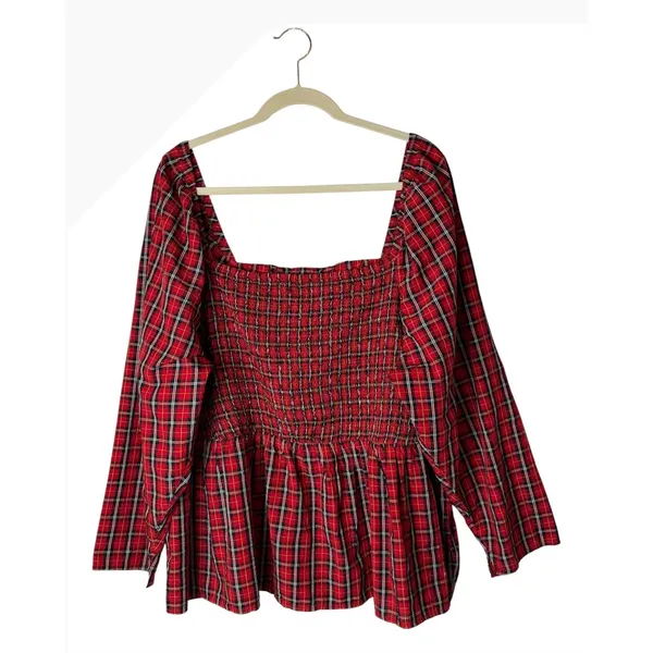 Old Navy Smocked Peplum Top Women 4X Red Tartan Plaid Square Neck Holiday Preppy - Image 2