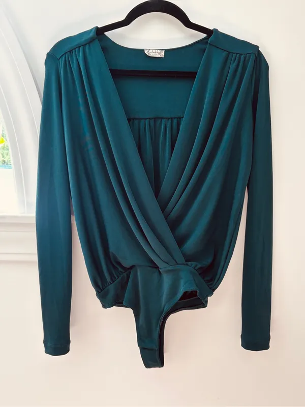 Free People Intimately Turnt Wrap Bodysuit XS Emerald Green Draped Blouse Top - Image 6
