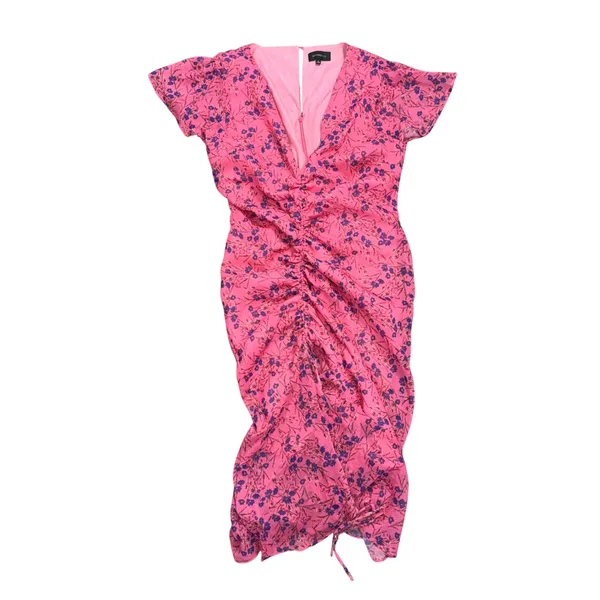 Majorelle Elaine Floral Midi Dress Women Size M Pink Excellent Ruched Ruffle Hem - Image 2