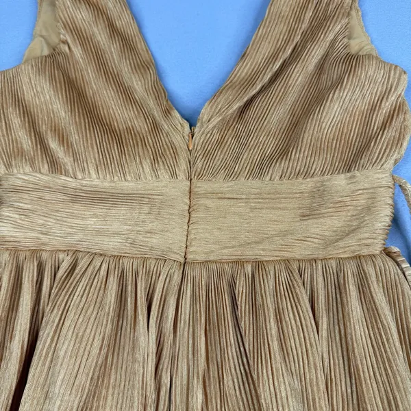 Lena Gold Pleated Tiered Mini Dress Deep V Neck Side Tie Party Dress Small - Image 6