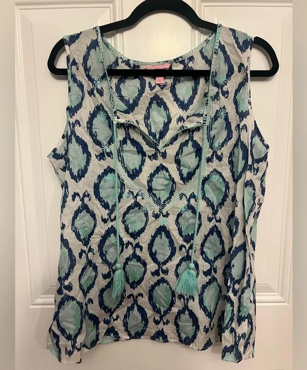 Lilly Pulitzer Sleeveless Lauren Top in White and Blue Hook You In Size XL - Image 2