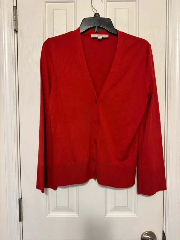 LOFT Red V-Neck Button Front Cardigan - Image 4