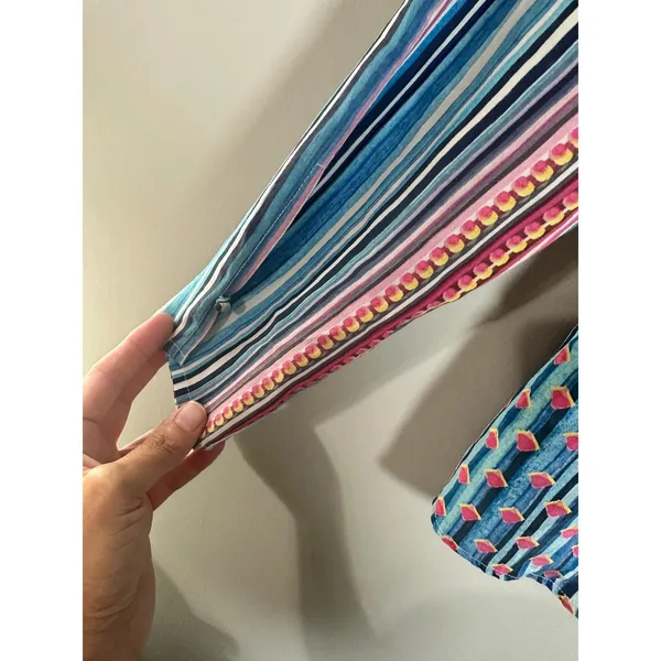 Ecru‎ 100% Silk Blouse Blue Pink Geometric Striped Split Neck Long Sleeve Large - Image 4