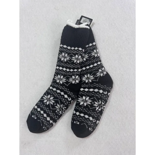 Cuddl Duds Women Black White Fair Isle Snowflake Plush Double Layer Lounge Socks - Image 3