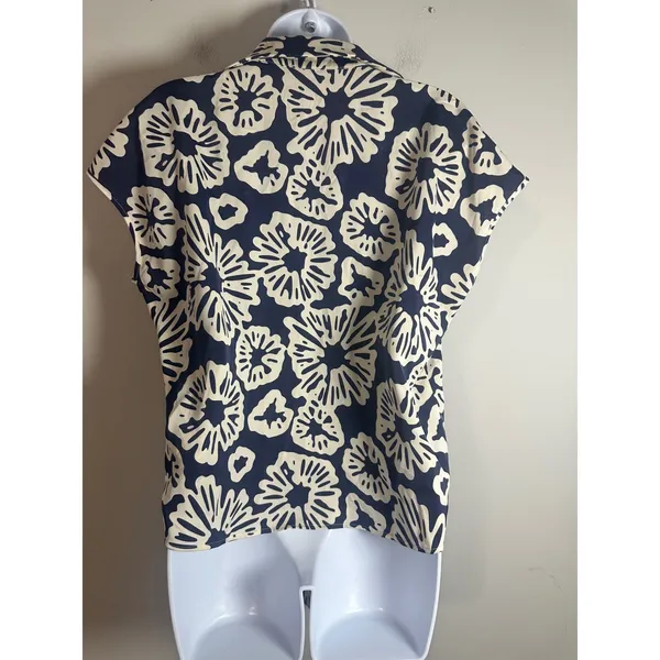 Rachel Zoe Womens Navy Blue Cream Abstract‎ Floral Front Tie Button Blouse Small - Image 5