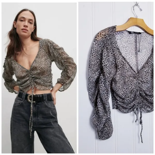 Zara Leopard Print Sheer Cropped Top Size Small - Image 2