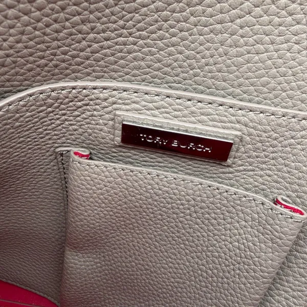 Tory Burch Perry Tote Taupe Pebbled Leather Shoulder Bag Classic Preppy Neutral - Image 4