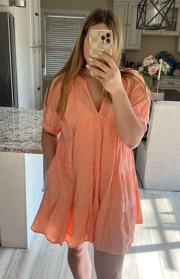 Universal Threads Women's Babydoll Dress Peach Size L Short Sleeve V-Neck… - Image 2