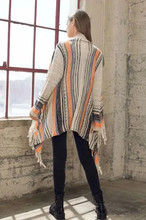 Umgee Striped Boho Fringe Hem Open Cardigan Tan Orange Black - Image 11
