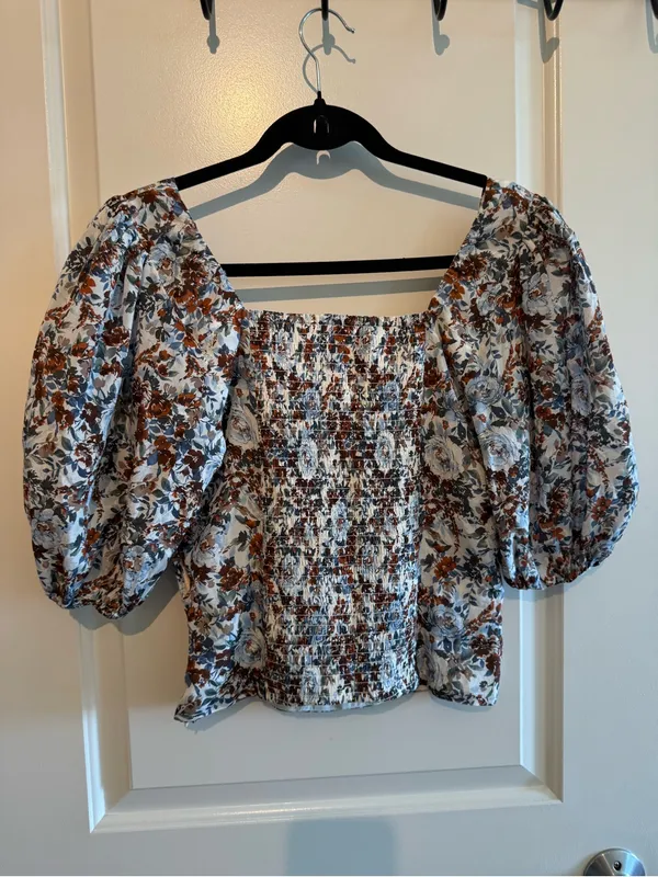 Abercrombie & Fitch Brown and Blue Floral Puff-Sleeve Square Neck Top - Image 4