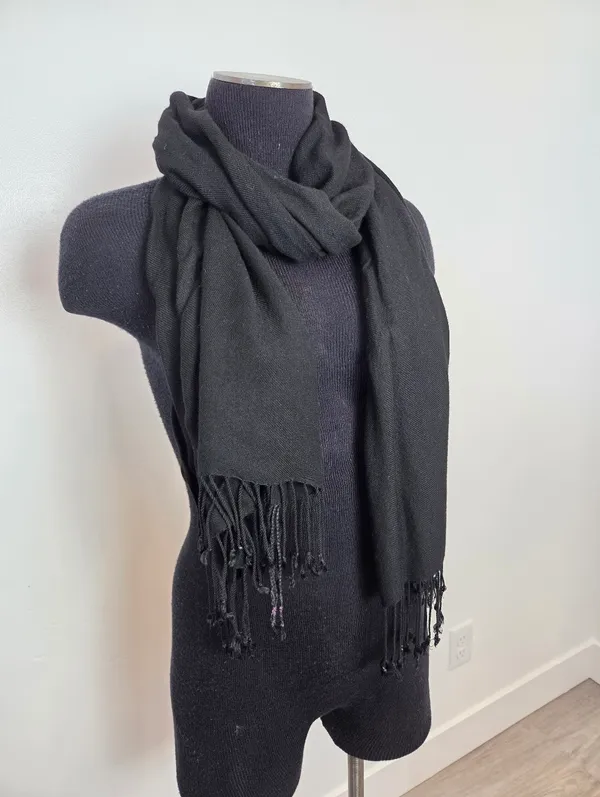 Black Fringe Trim Scarf Rectangle Classic Lightweight Academia Whimsigoth Unisex - Image 2