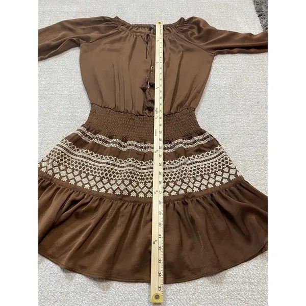 Shyanne Brown Western Embroidered Smocked Mini Dress Long Sleeve Tassels Size M - Image 12