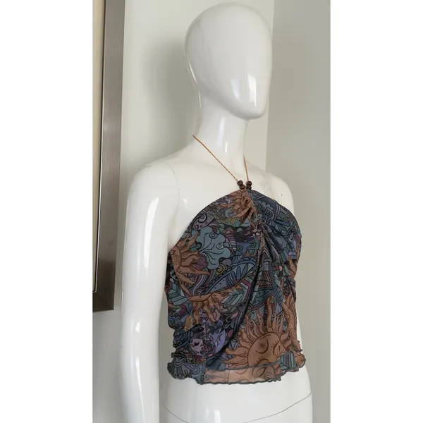 Romwe Whimsigoth Mesh Halter Top Beaded Sun Moon Print Boho Hippie Grunge Y2K Fest XL - Image 4