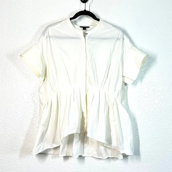 1X Plus Size Victoria Beckham White Poplin Gathered Waist Top Minimalist Blouse - Image 2