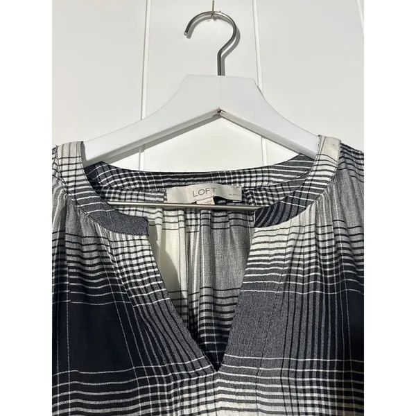 LOFT Womens S Petite Black White Plaid Blouse Split Neck - Image 2