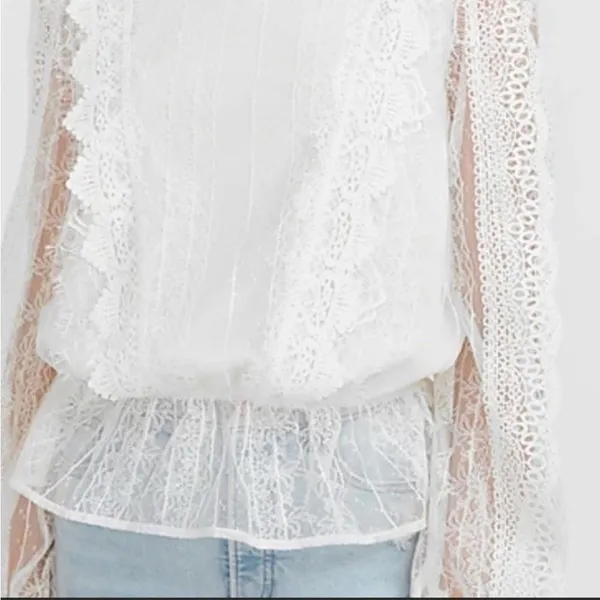 EXPRESS Scalloped Lace Mock Neck Peplum Top blouse shirt New satin lace shirt - Image 5