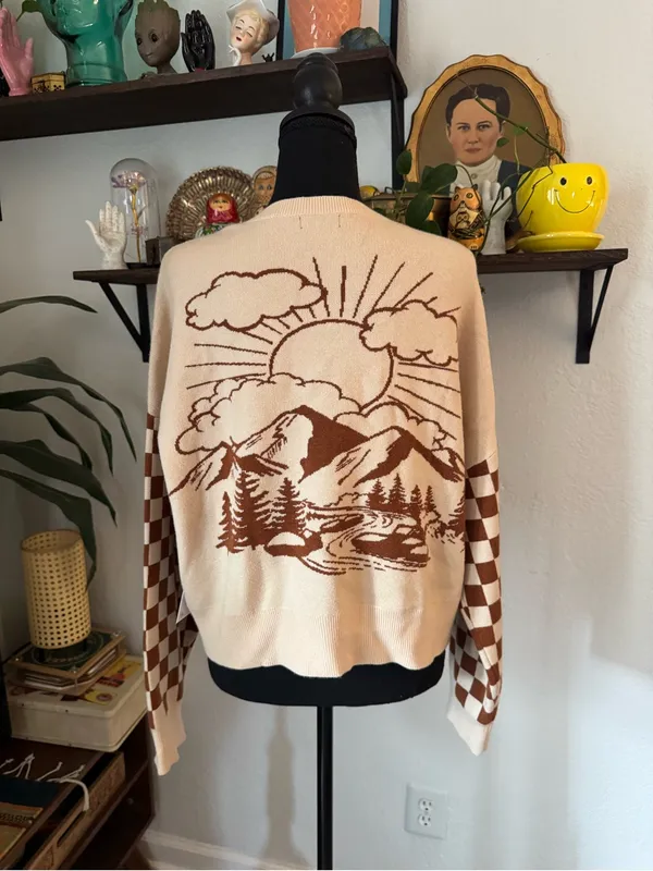 NWT Tan & Brown Checkered Mountain Scene Button Down Cardigan Sweater - Image 3