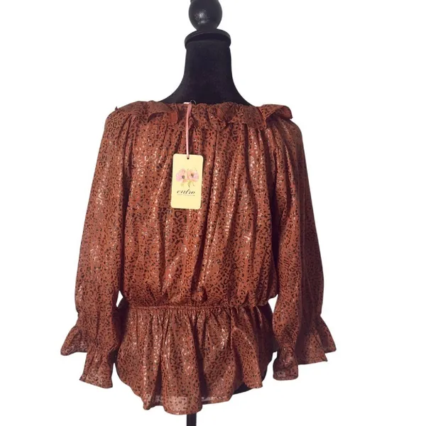 Entro Leopard Print Ruffled Peplum Blouse Womens S Brown V Neck 3/4 Sleeve NEW - Image 3