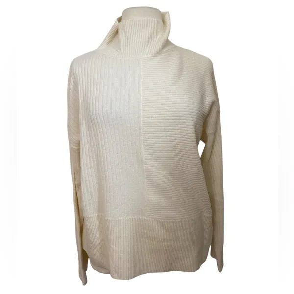 Summersalt The Luxe Cashmere Wool Funnel Neck Ribbed Knit Sweater White Sand - Image 2