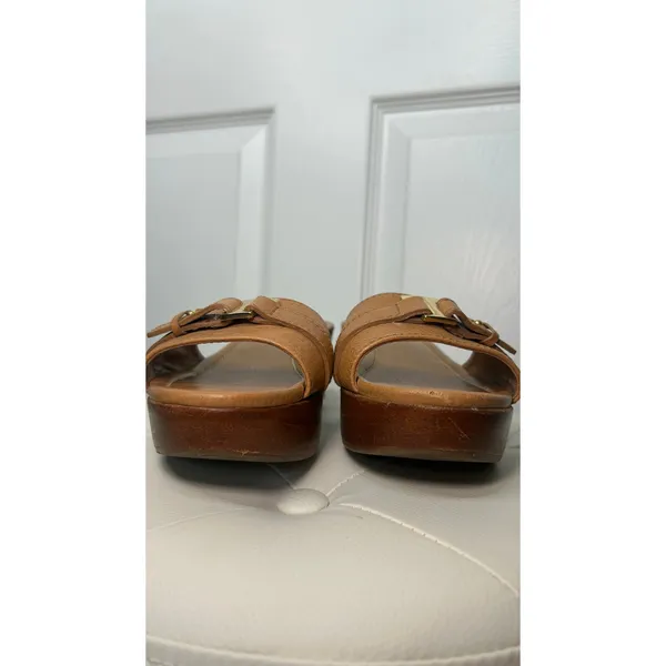 Tory Burch Cognac Leather Wood Platform Wedge Sandals Gold Buckle Mules 7.5 - Image 2