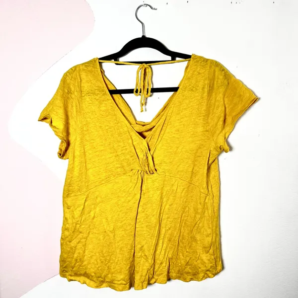 100% Linen Top Women's Medium Mustard Yellow Cowl Neck‎ Tie Back Short Sleeve - Image 4