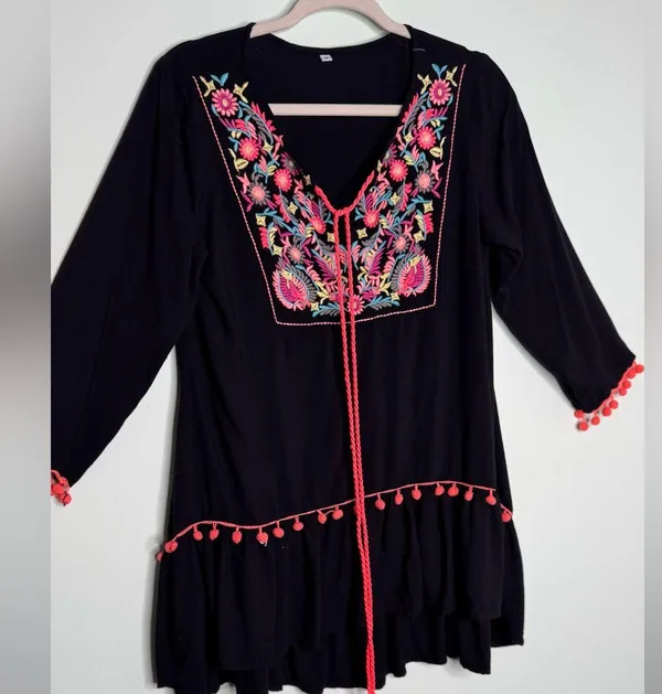 Embroidered Black Tassel Boho Pompoms Detail Mini Dress Womens Hippie Size M - Image 3