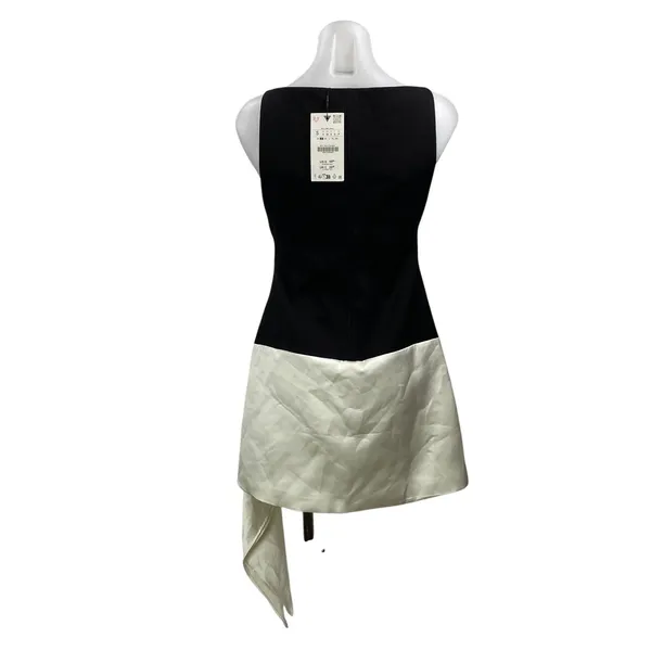 NEW Zara Black Ivory Sleeveless Boat Neck Satin Silk A Line Mini Dress Size S - Image 3