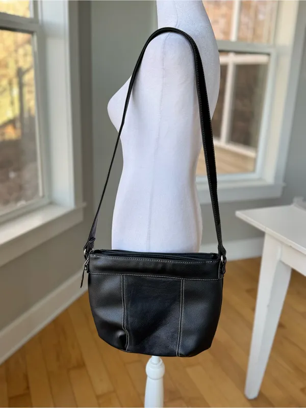 Vintage Black Leather Contrast Stitching Shoulder Bag Purse - Image 12