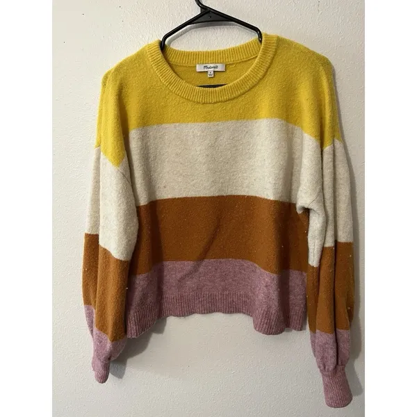 Madewell Yellow/White/Brown/Purple Striped Knit Wool Crewneck Pullover L D25 - Image 4