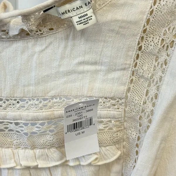 NWT American Eagle Outfitters Boho Babydoll Lightweight Blouse Keyhole Cream Med - Image 9