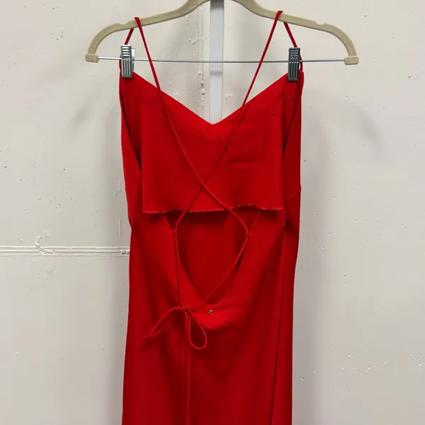 NWT Fabletics Satin Slip Midi Halter Dress Lace Up Back Red‎ Medium - Image 6
