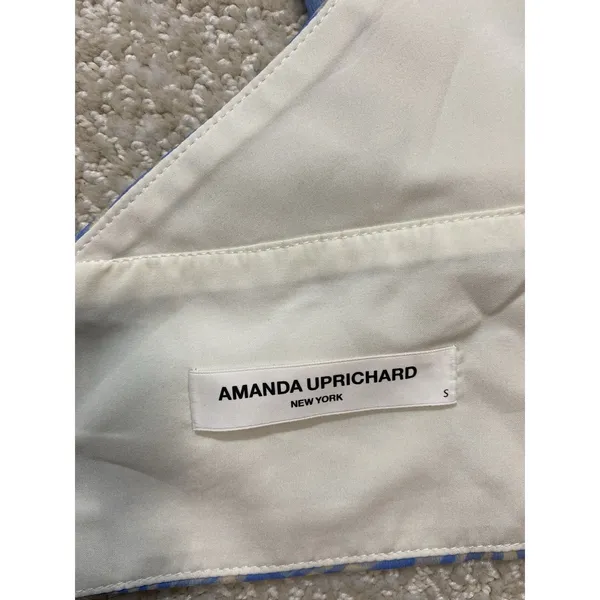 Amanda Uprichard Sheer Floral Cropped Tie Blouse Open Back Mock Neck Blue S - Image 10