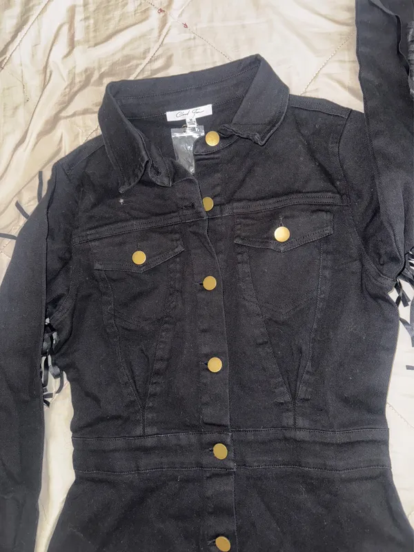 Black denim button-up dress with faux leather fringe - Image 2