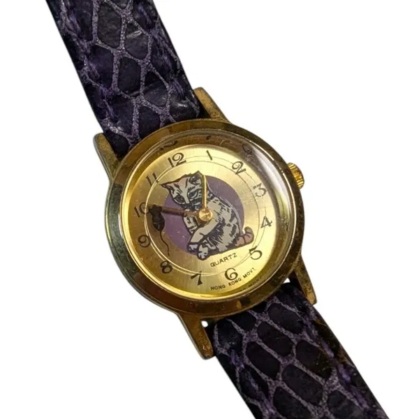 Vtg 1990s Purple Textured Leather Band Cat Mouse Gold Face Novelty Watch - Image 2