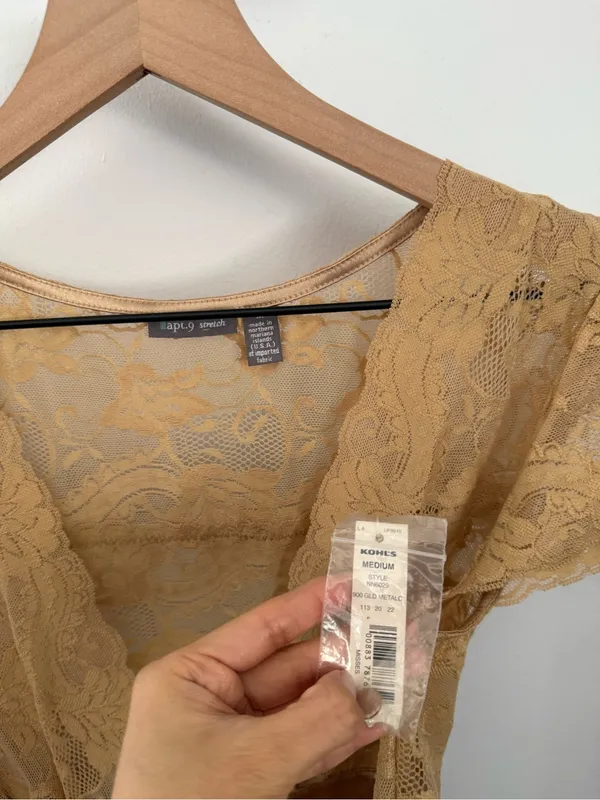 Apt. 9 Y2K Medium NEW Lace Blouse Victorian Satin Belt Tan Camel‎ Dainty Romantic Sheer - Image 2