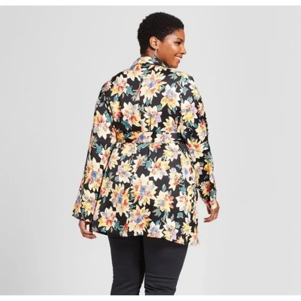 Ava & Viv Womens Floral‎ Duster Cardigan Black Multi Long Sleeve Tie Waist 2X - Image 2