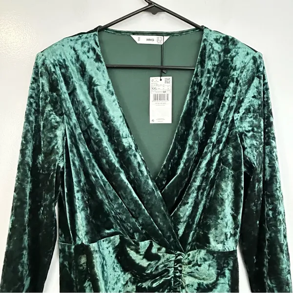 NWT Mango Green Crushed Velvet V-neck Ruched Long Sleeve Mini Dress Size XXL - Image 3