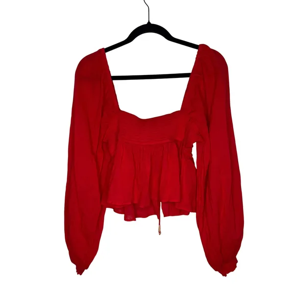 Free People Top Women Large Red Excellent Smocked Peplum Balloon Sleeve Boho - Image 4