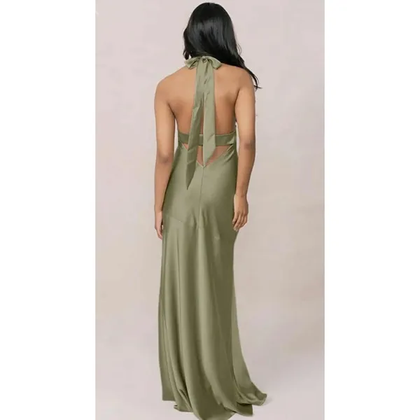 Revelry Olive Green Satin Halter Neck Maxi Dress Open Back Formal Gown Slit - Image 2