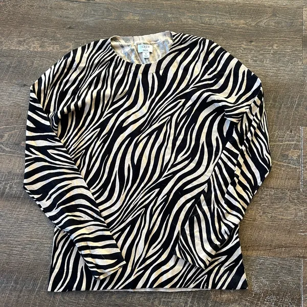 J. Crew Teddie Black Tan Animal Print Zebra Long Sleeve Sweater Top‎ Small - Image 3