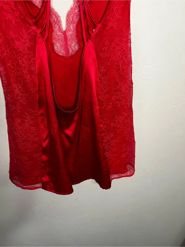 Victoria's Secret Red Satin Lace Chemise Slip Dress & Robe 2 Piece‎ Lingerie Set - Image 9